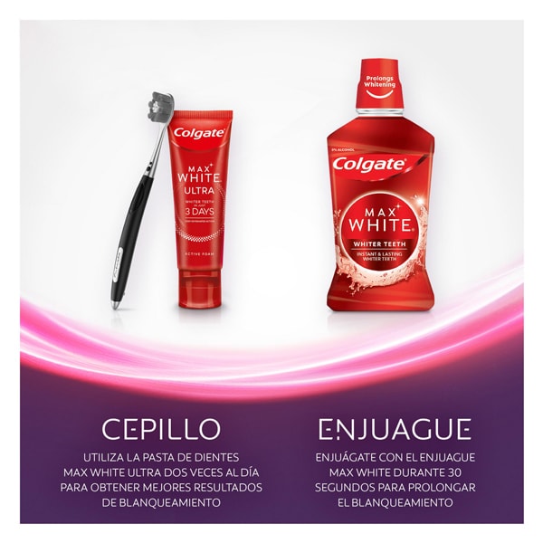 Utiliza la pasta de dientes Max White Ultra dos veces al día y el enjuague Max White para obtener resultados de blanqueamiento duraderos